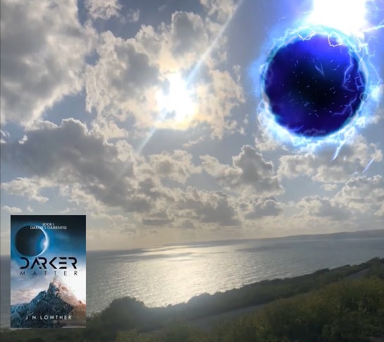 Banner image for the Darker Matter science-fantasy book series showing light and darkness colliding between magical and scientific worlds.