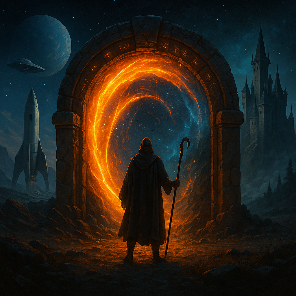 A cloaked figure stands before a glowing orange portal linking a futuristic sci-fi world with rockets and planets to a mystical fantasy realm with castles and misty mountains