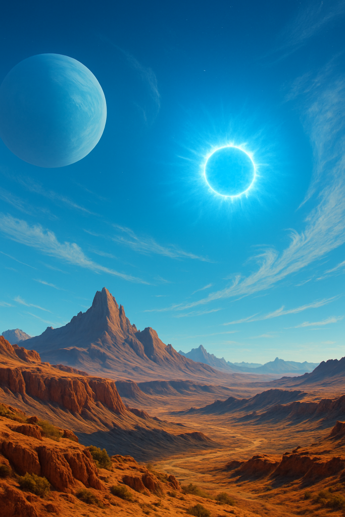 Daytime alien landscape on Zandyros featuring a bright blue sun and rugged red mountains beneath a vivid sky.