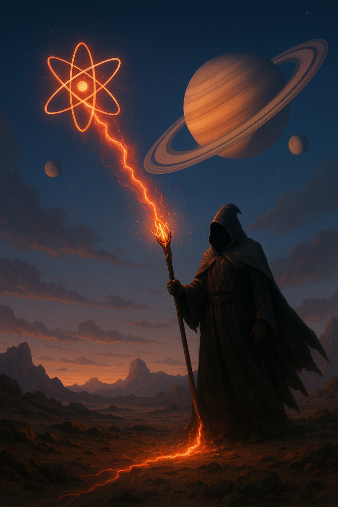 A shadowy hooded sorcerer on an alien world casts a crimson bolt of magic from his staff toward a glowing atom symbol beneath a twilight sky with a ringed planet and two moons, symbolising the collision of science and magic in the Darker Matter series