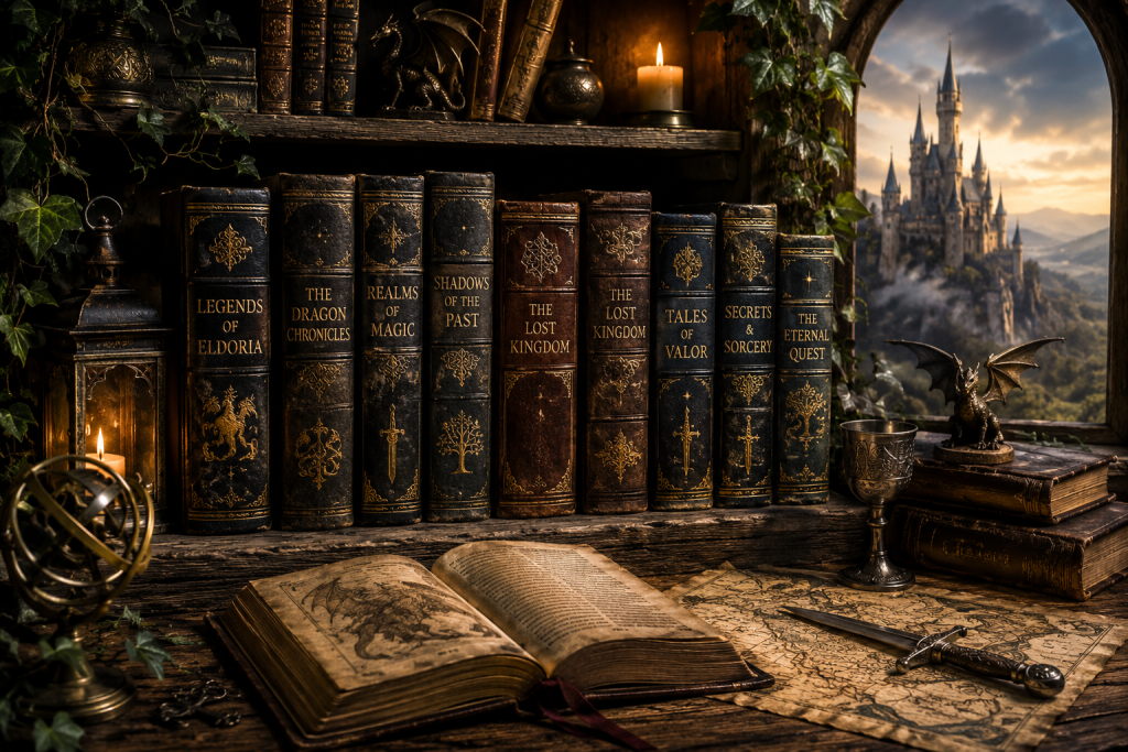 Ancient fantasy library with dusty leather-bound books, candlelight, magical artefacts and a castle beyond the window.