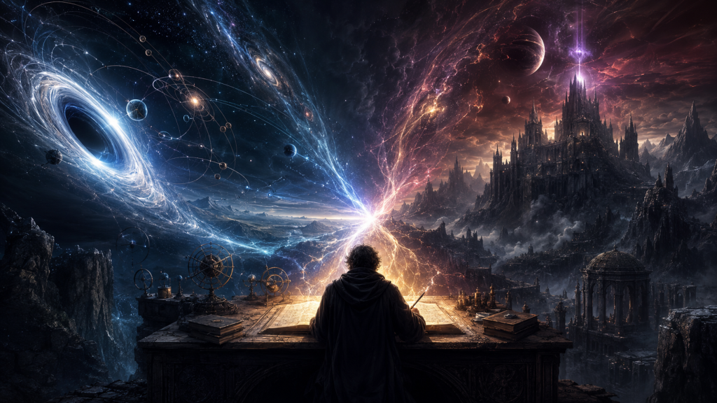 An author writing as real-world science and an epic fantasy realm collide around him
