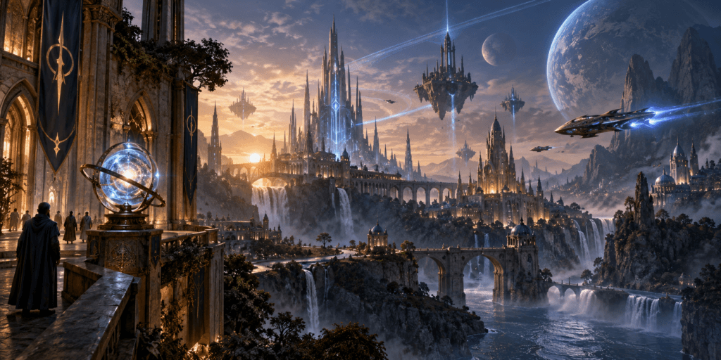 Fantasy city on a planet dominated by magic, with glowing towers, floating structures, waterfalls and magical energy.